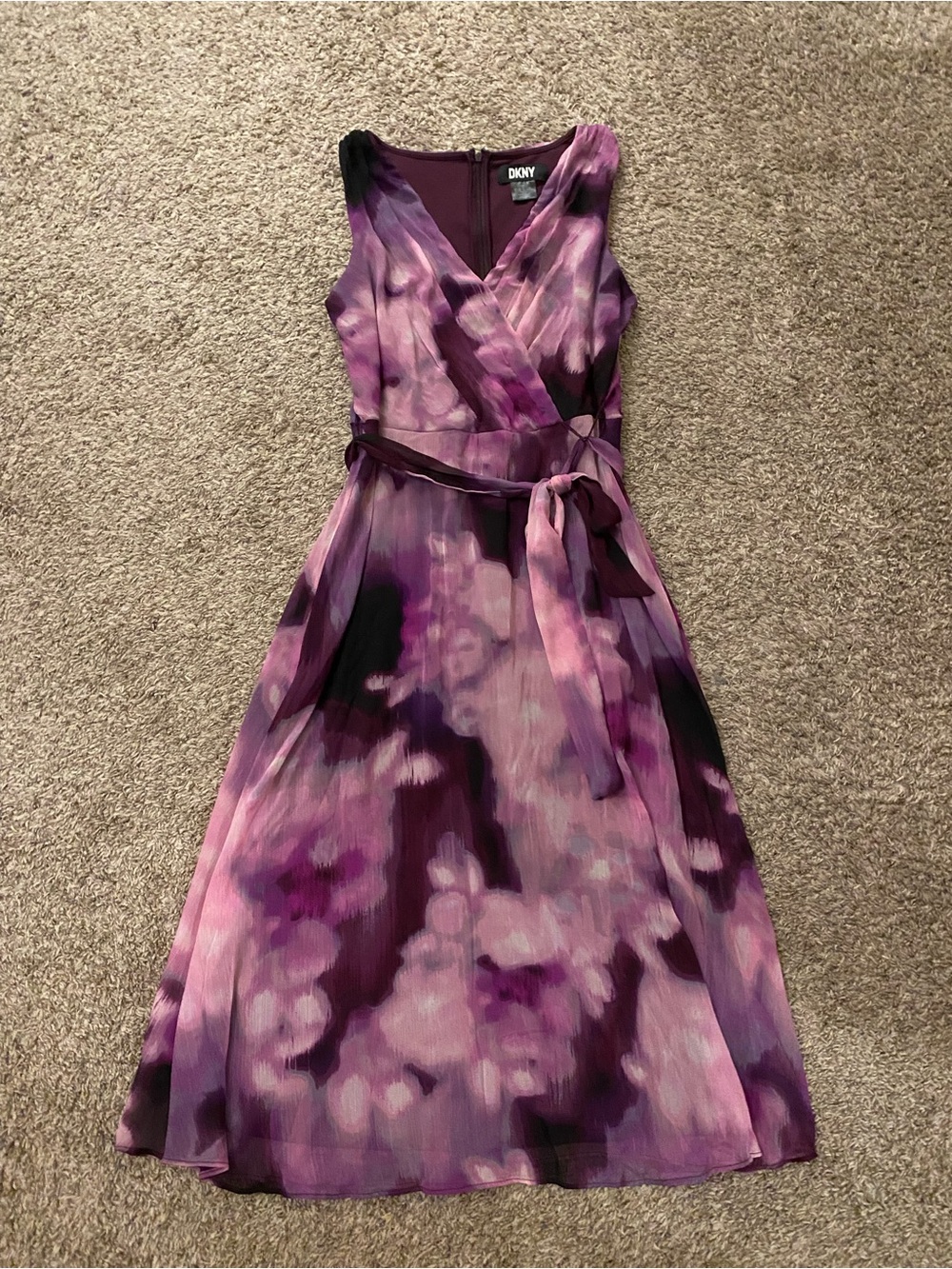 DKNY Purple & Black Floral Midi Wrap Dress